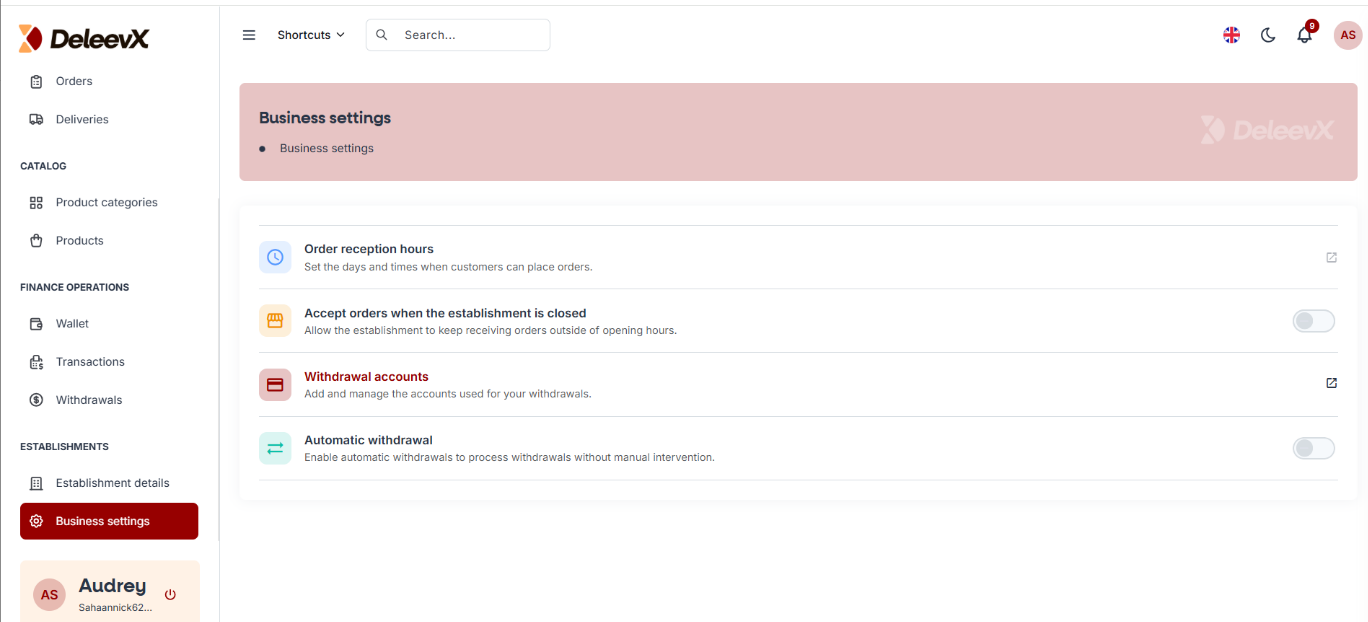 Business Settings Menu